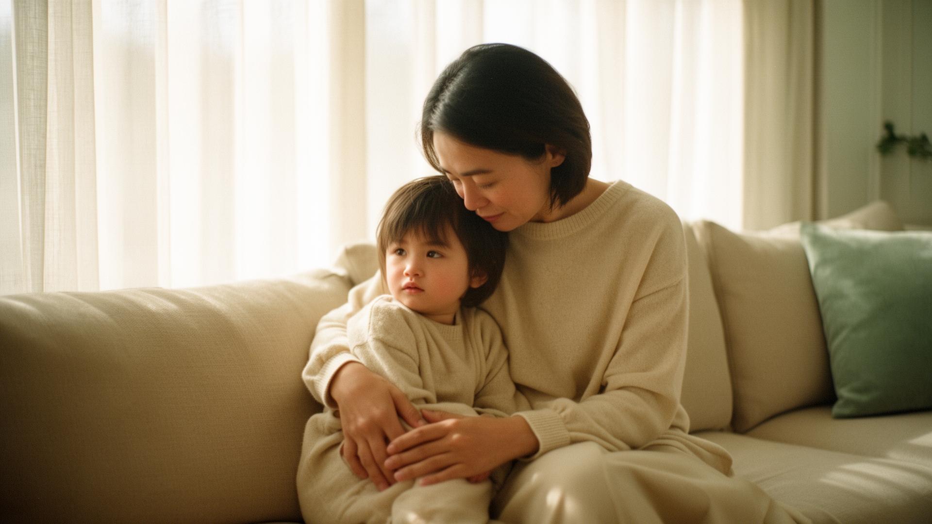 A parent holding their child gently in soft morning light